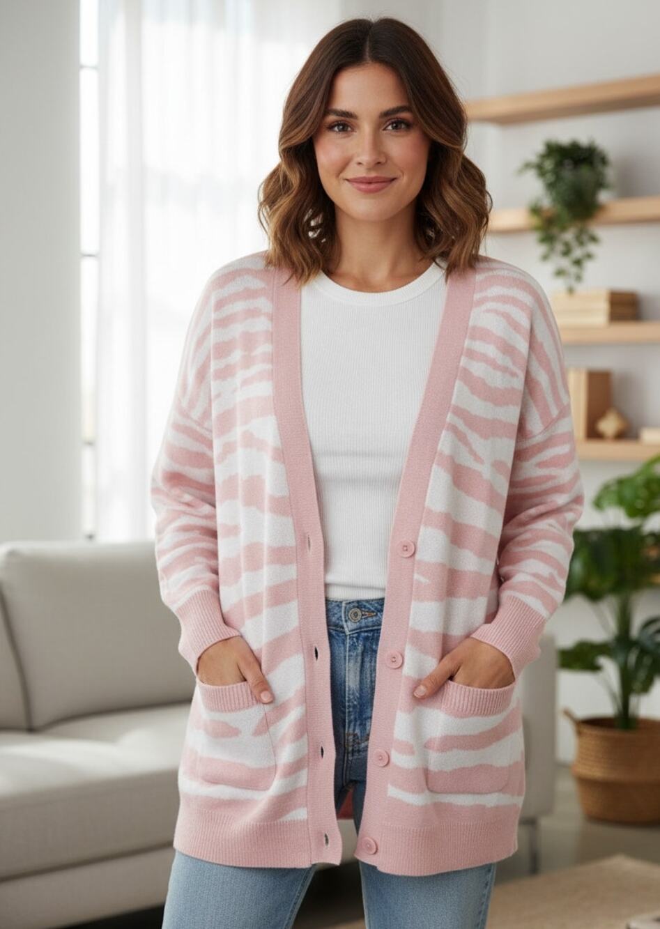 Isaac Mizrahi Live! QVC Medium Powder Pink White Zebra Stripes Cardigan Sweater